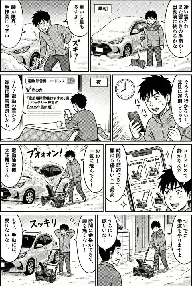 電動雪かき機、家庭用除雪機をおすすめする漫画