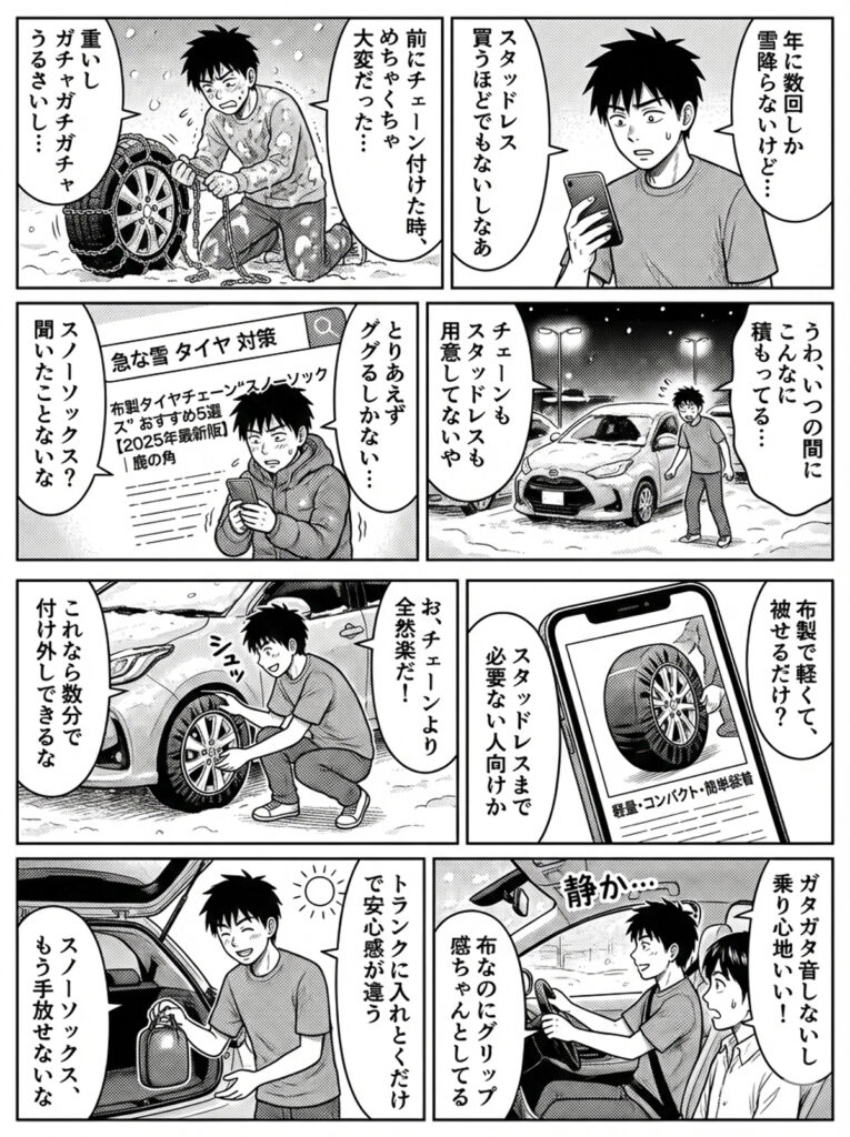 スノーソックス、布製タイヤチェーンをおすすめする漫画
