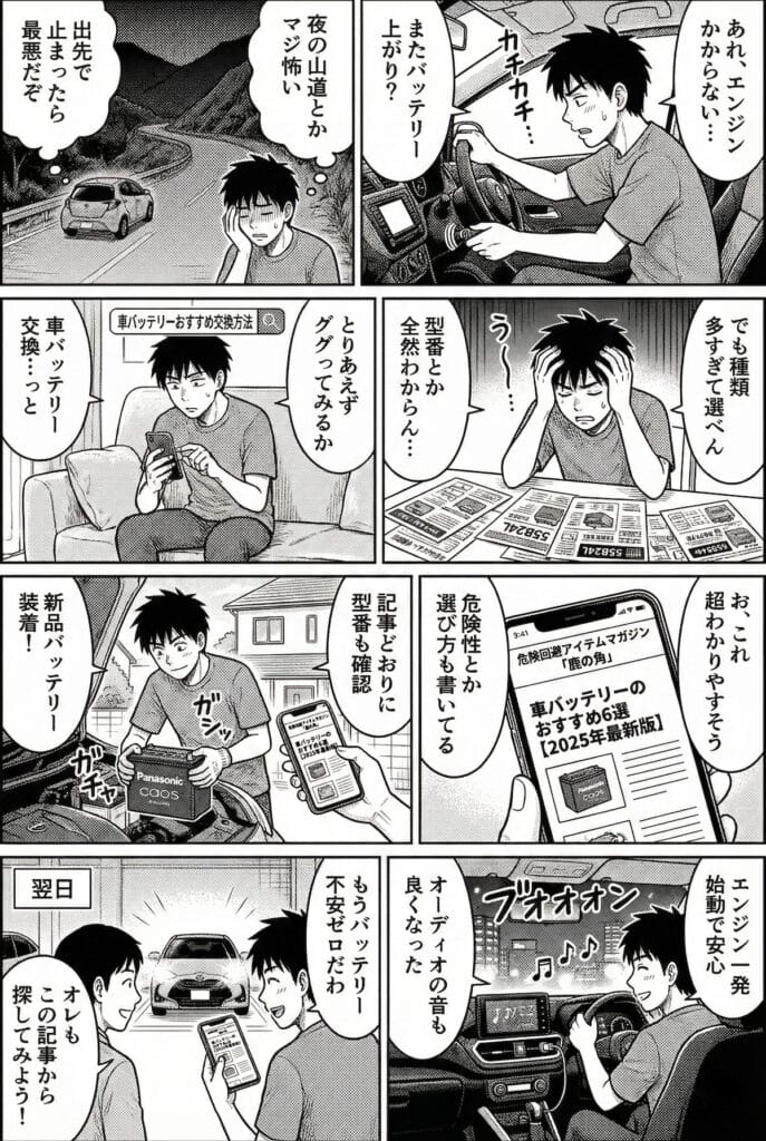 車のバッテリーの選び方やおすすめを紹介する漫画